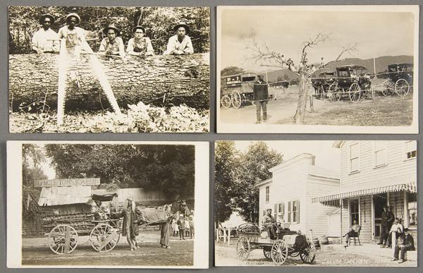 BLACK MEMORABILIA: REAL PHOTO POSTCARD: FIVE BLACK RELATED REAL PHOTO POSTCARDS early 20th century. Including an ice wagon, lumber men, Uncle Tom's cabin costume, the Delta Dam Hotel with early black automobile driver. One postally used. Go