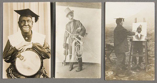 BLACK MEMORABILIA: MINSTREL POSTCARDS: THREE MINSTRELS REAL PHOTO POSTCARDS early 20th century. Including an autographed on verso portrait of Uncle Mack with banjo. All postally unused. Good to very good condition.