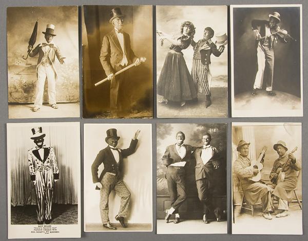 BLACK MEMORABILIA: MINSTREL REAL PHOTO POSTCARD: EIGHT MINSTRELS REAL PHOTO POSTCARDS early 20th century. Including Bill Baileys, a cake walk and other interesting costumes. All postally unused. Very good to excellent condition.