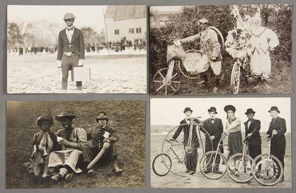 BLACK MEMORABILIA: REAL PHOTO POSTCARD: THREE BLACK FACE COSTUME REAL PHOTO POSTCARDS early 20th century. Including a Notre Dame hobo senior. Together with a printed card with Charlie Chaplin imitators. All postally unused. Good to very goo