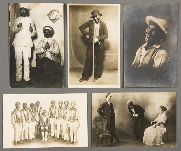BLACK MEMORABILIA: MINSTREL REAL PHOTO POSTCARD: 20 MOSTLY MINSTRELS REAL PHOTO POSTCARDS early 20th century. Mostly groups with some individuals including Charlie Chaplin imitator. Three postally used. Good to excellent condition.