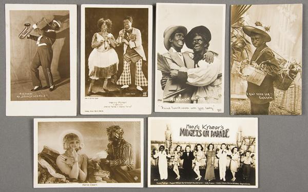 BLACK MEMORABILIA: MINSTREL REAL PHOTO POSTCARD: 20 MINSTREL & BLACK FACE ENTERTAINER REAL PHOTO POSTCARDS early 20th century. With some identified subjects including G.H. Elliot and Henry Kramer's Midgets on Parade. Together with two printed images