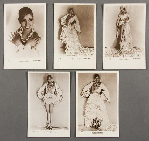 BLACK MEMORABILIA: JOSEPHINE BAKER POSTCARD: FIVE JOSEPHINE BAKER REAL PHOTO POSTCARDS circa 1930's. All commercially printed by G.L. Manuel. One with advertising back. One postally used. Very good to excellent condition.