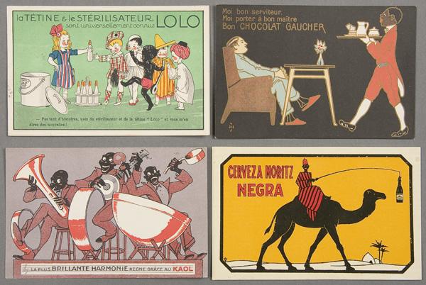 BLACK MEMORABILIA: FOREIGN ADVERTISING POSTCARD: THREE FRENCH ART DECO ADVERTISING POSTCARDS early 20th century. Consisting of a Gaucher Chocolate, a LOLO and a Cacol Brilliant Harmony. Together with a Spanish Cerveza Moritz Negra. One postally used