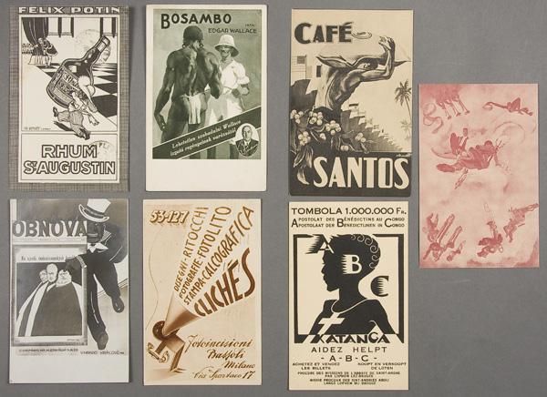 BLACK MEMORABILIA: FOREIGN ADVERTISING POSTCARD: SEVEN GERMAN & ITALIAN ADVERTISING POSTCARDS early 20th century. Including 1937 Exposition, St. Augustine Rum, a Czech propaganda real photo of the Catholic periodical "Renewal" and others. Three post