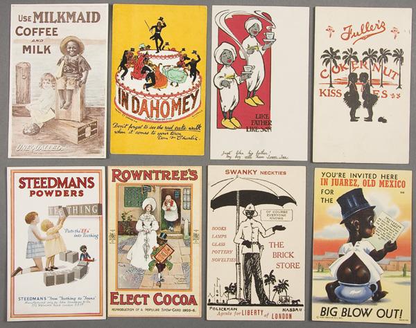 BLACK MEMORABILIA: FOREIGN ADVERTISING POSTCARD: TEN ADVERTISING POSTCARDS mostly early 20th century. Mostly English, including an Elect Coco reproduction, Steedman's Powders, Fuller's Coker Nut Kisses, Swanky Neckties, an Indahomey cake walk, a rep