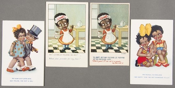BLACK MEMORABILIA: FOREIGN ADVERTISING POSTCARD: FOUR FRENCH ADVERTISING ILLUSTRATED POSTCARDS early 20th century. With illustrations by S. Gibson, two with advertising on verso. All postally unused. Very good to excellent condition.