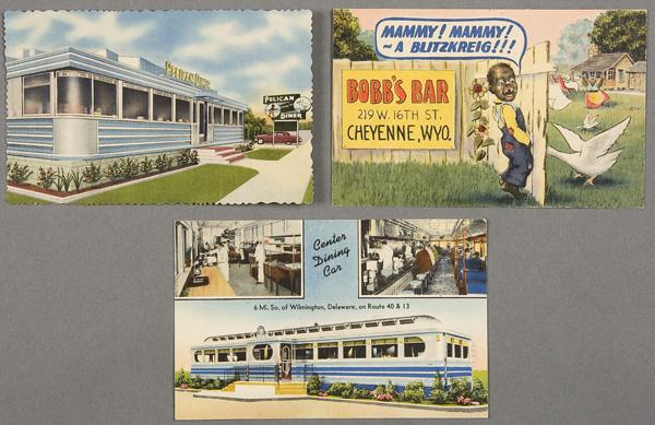 BLACK MEMORABILIA: ADVERTISING POSTCARD: THREE LINEN ADVERTISING POSTCARDS mid 20th century. Two with diners (one with black busboy) and one humorous for Bobb's Bar. All postally unused. Excellent to near mint condition.