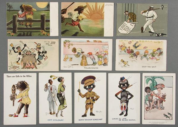 BLACK MEMORABILIA: ILLUSTRATION POSTCARD: 94 ARTIST SIGNED BLACK POSTCARDS early 20th century, by a wide variety of artists including Hansen, Duncan, Lime, Zahl, Brink and others. About half postally used. Good to excellent condition.