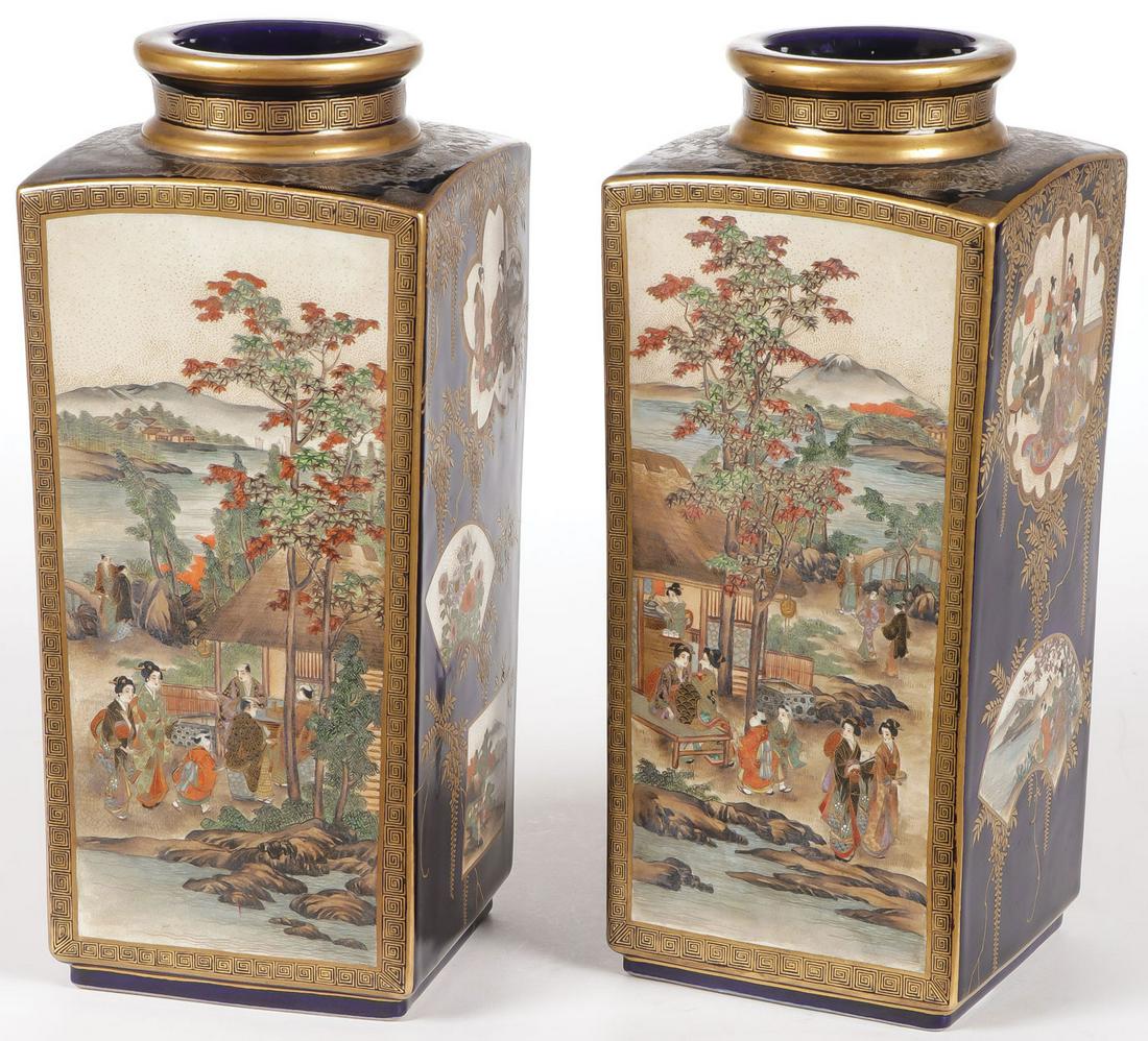 PAIR OF SATSUMA COBALT AND GOLD VASES, MEIJI: PAIR OF SATSUMA COBALT AND GOLD VASES, MEIJI. Comprising a pair of matching cobalt blue and gilt decorated square form vases, the front and back side with outdoor scenes of village life, with Mount Fu