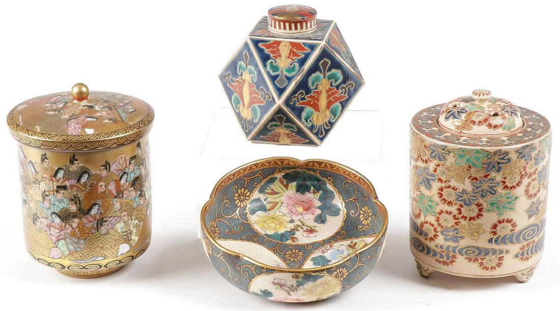 INTERESTING GROUP OF SATSUMA WARE, MEIJI: INTERESTING GROUP OF SATSUMA WARE, MEIJI. Comprising a beautiful covered wine cup, the interior profusely inscribed with a poem in miniature, a small footed censer, a polyhedral tea caddy, and a bowl