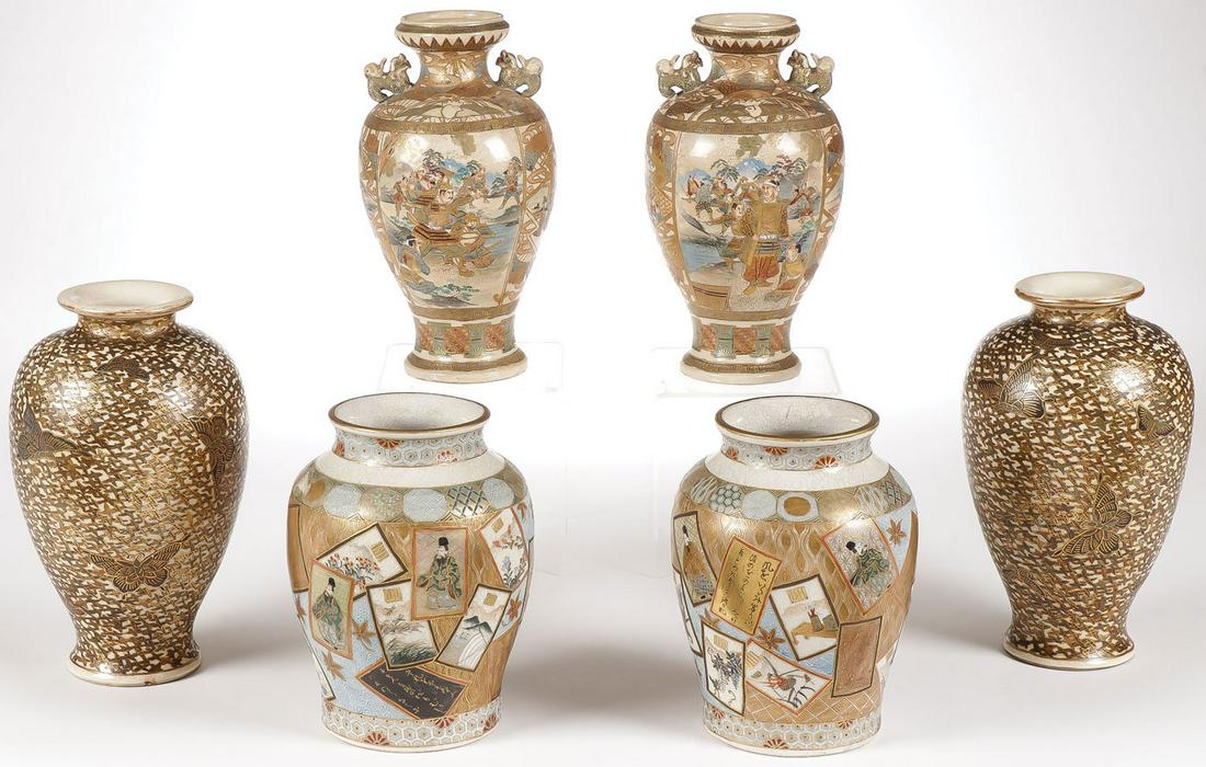 3 MATCHING PAIRS OF SATSUMA VASES, MEIJI: 3 MATCHING PAIRS OF SATSUMA VASES, MEIJI. Each profusely decorated in gilt. Greatest height 7.5 inches (19 cm). SHIPPING NOTICE: Jackson's is your sole and only source for one stop packing and shippin