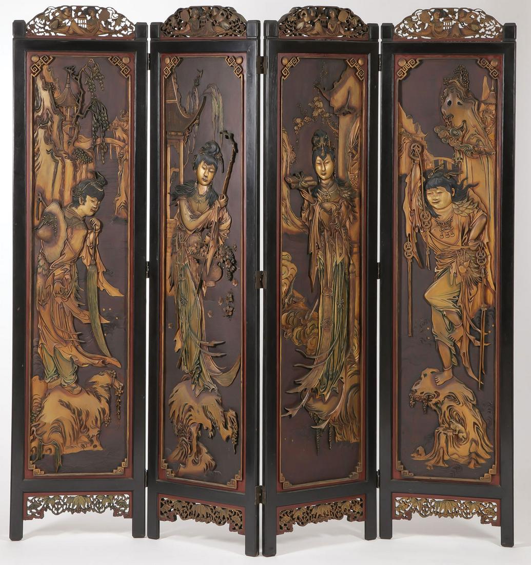 FINE CHINESE CARVED & GILT WOOD SCREEN (1 of 5)