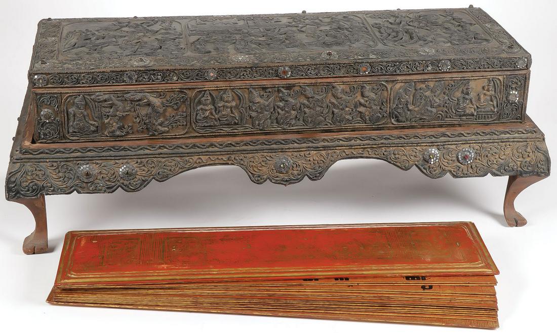 TIBETAN OR THAI CARVED MANUSCRIPT CHEST (1 of 11)