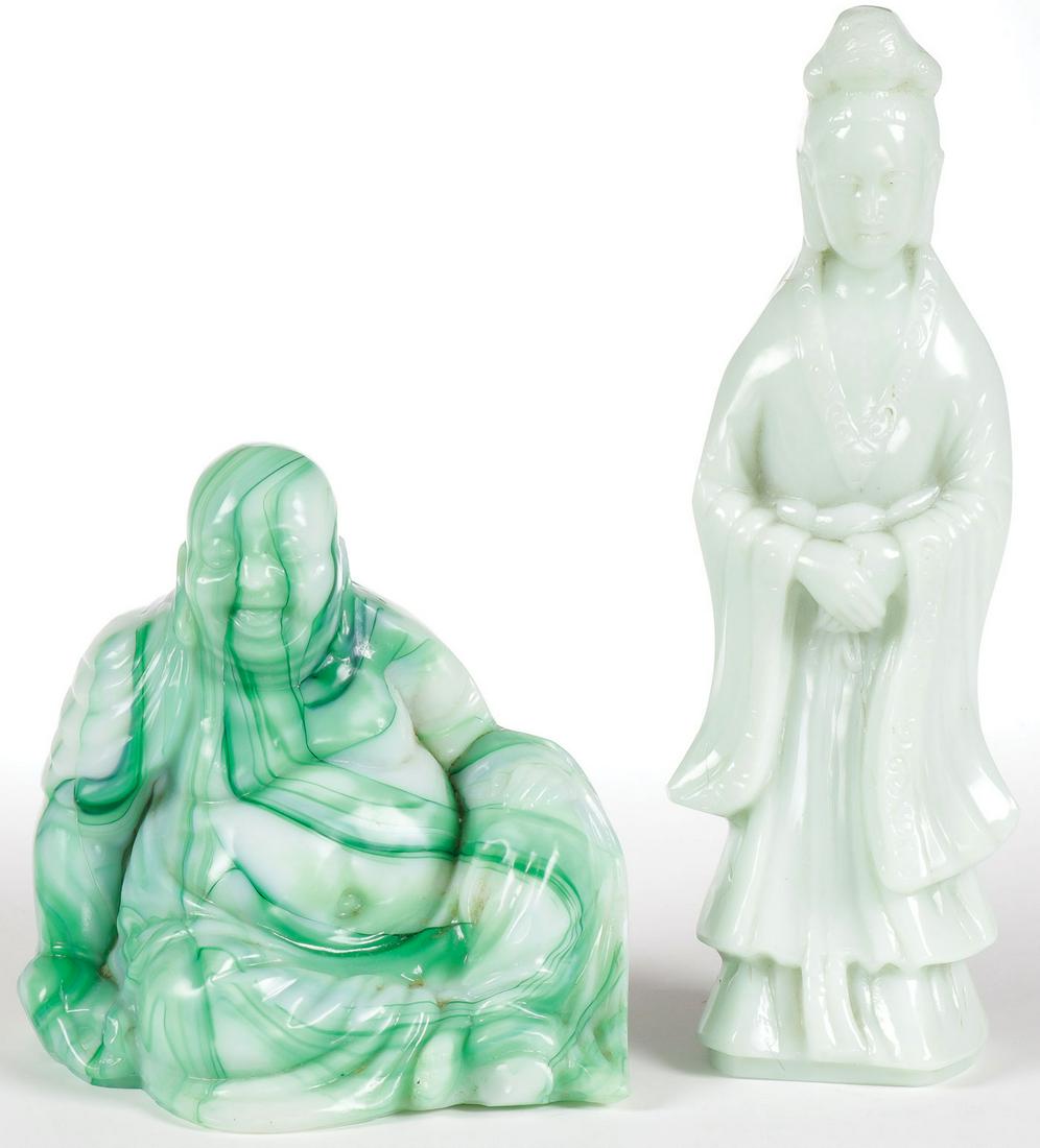 CHINESE GLASS BUDDHA AND GUAN YIN: CHINESE GLASS BUDDHA AND GUAN YIN. Both finely sculpted in full round with good details. Greatest height 10.5 inches (26.5 cm). SHIPPING NOTICE: Jackson's is your sole and only source for one stop pac