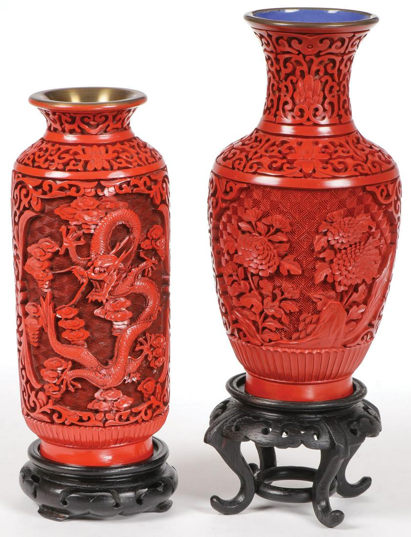PAIR CHINESE CARVED CINNABAR VASES (1 of 1)