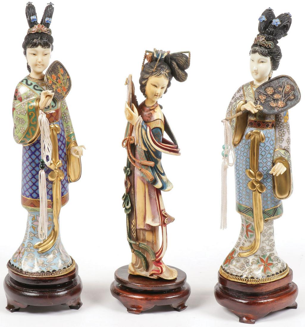 THREE CHINESE ENAMEL & CARVED MAIDENS (1 of 2)