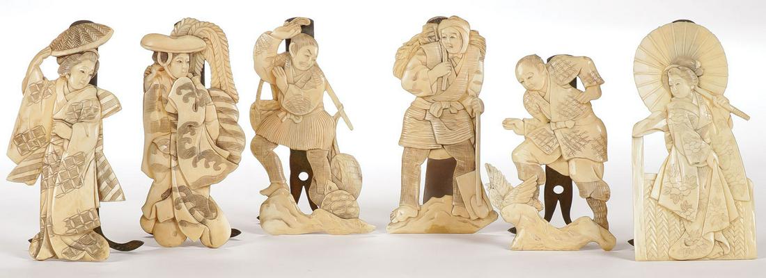 JAPANESE CARVED PLACE CARD HOLDERS, MEIJI: JAPANESE CARVED PLACE CARD HOLDERS, MEIJI. Comprising six finely carved place card holders, each carved in high relief, of good proportions and anatomy, depicting figures of various occupations, each