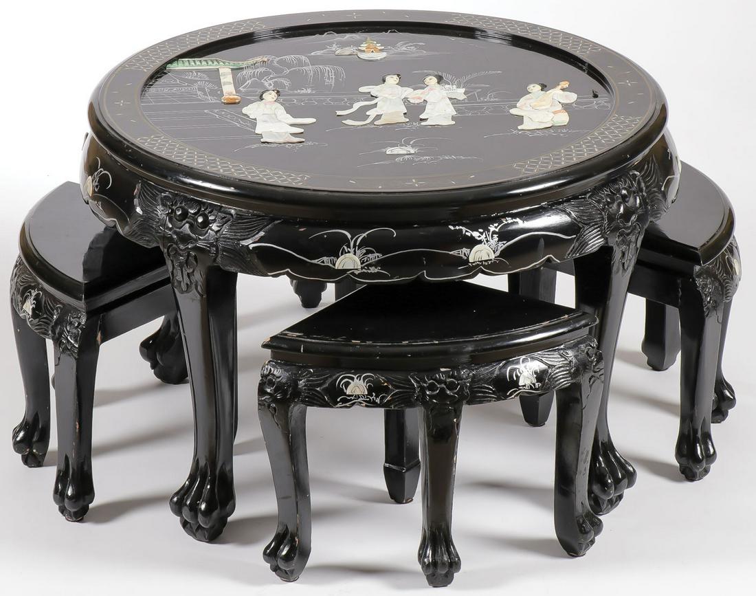 A CHINESE LACQUER AND INLAY TEA TABLE (1 of 2)