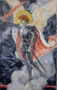 ORIGINAL MIKHAIL NESTEROV RUSSIAN PAINTING: MIKHAIL VASILIEVICH NESTEROV (Russian 1862-1942)The Archangel Michael - 1920Watercolor and gouache on cardSigned and dated 1920, lower right and verso inscribed in pencil â€œNesterov, drawn in gou