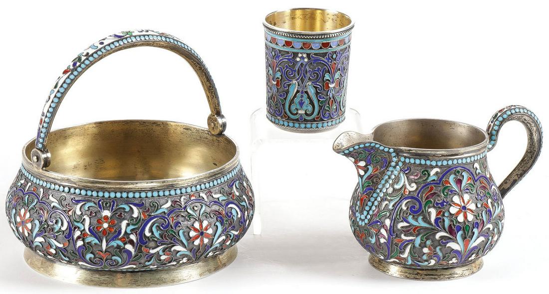 A RUSSIAN SILVER AND ENAMEL SUGAR AND CREAMER (1 of 4)
