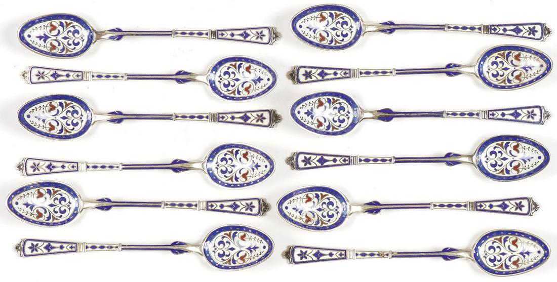 SET OF 12 SILVER & ENAMEL SPOONS C. 1890 (1 of 3)