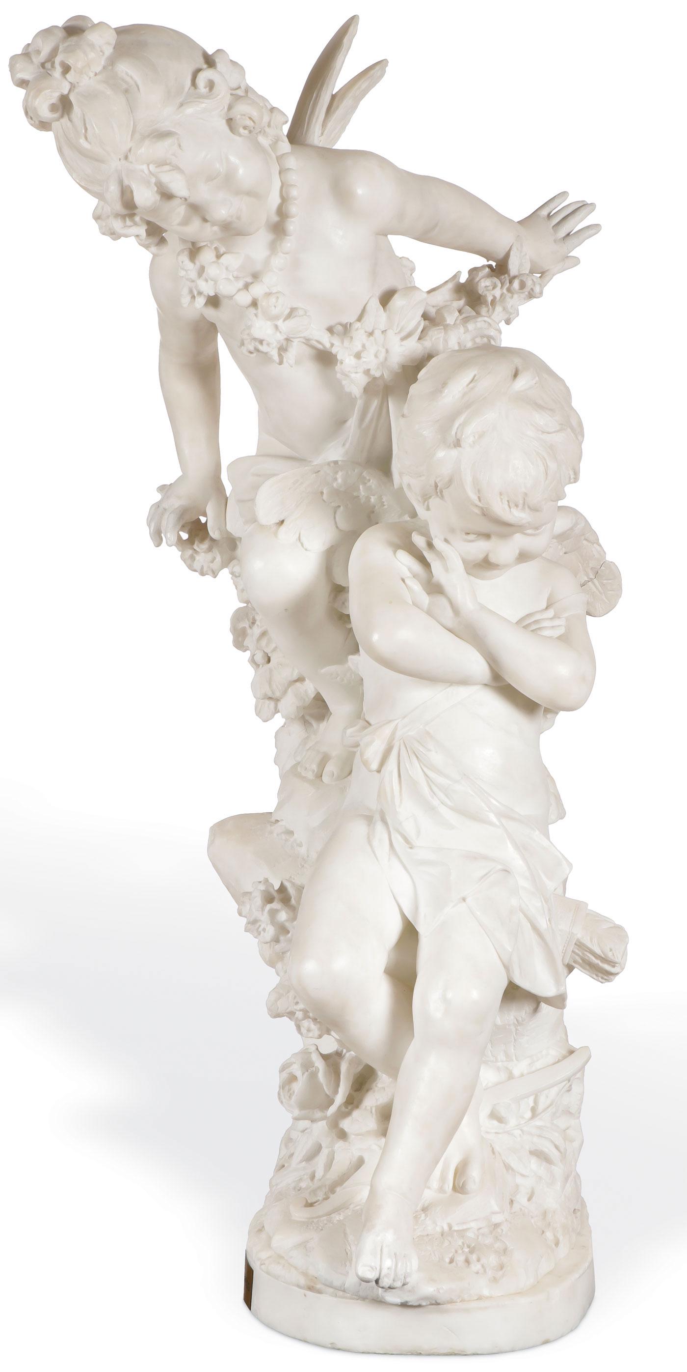 GREAT SIGNED ITALIAN MARBLE GROUP, SIGNED LAPINI: Studio of CESARE LAPINI (French 1848-after 1890)The Tease Carved marbleSigned on base C. LapiniHeight 32 inches (81.3 cm)Sculpture is accompanied by a vintage carved polished green stone