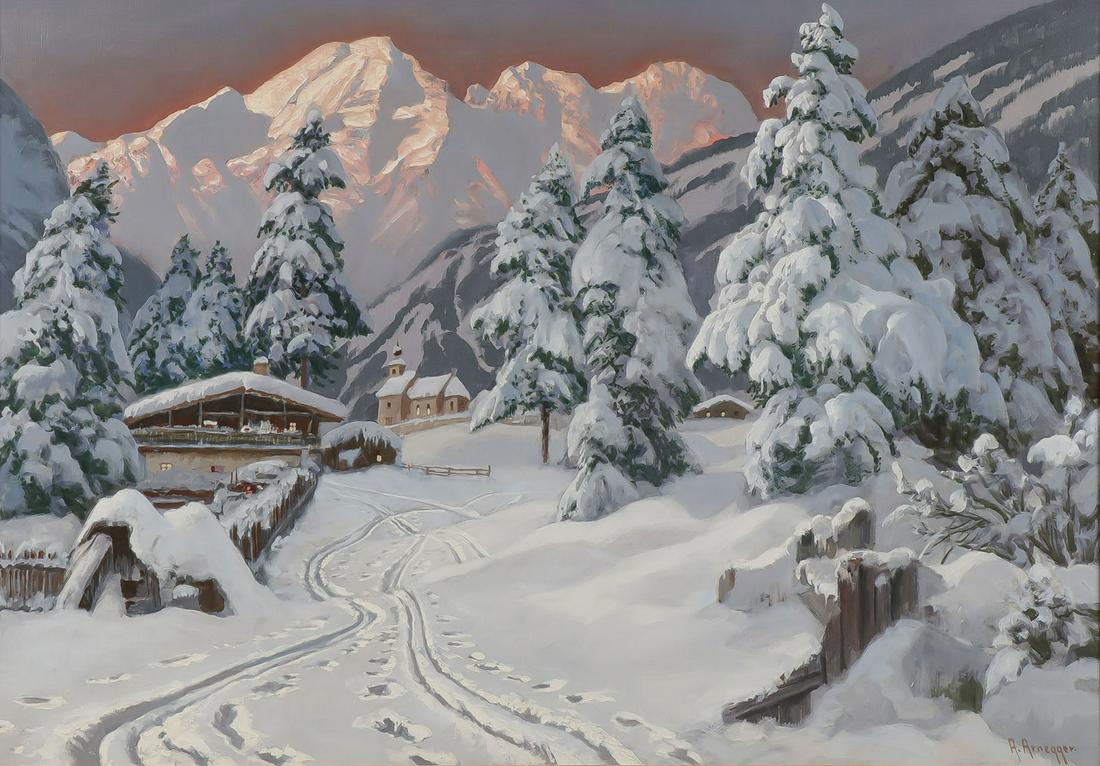 LARGE ORIGINAL ARRNEGGER ALPINE PAINTING SIGNED: ALOIS ARNEGGER (Austrian 1879-1963)Winter in the Dolomites Oil on canvasSigned lower right, verso with W. T. Burger Co. Registry label27.5 inches x 38.5 inches (70 x 99 cm), contained in an attractive