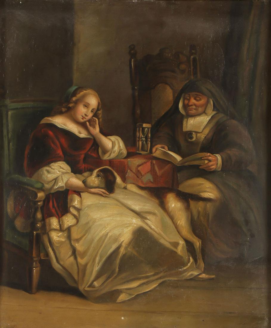 PAIR OIL ON CANVAS GENRE PAINTINGS, 19TH C (1 of 6)