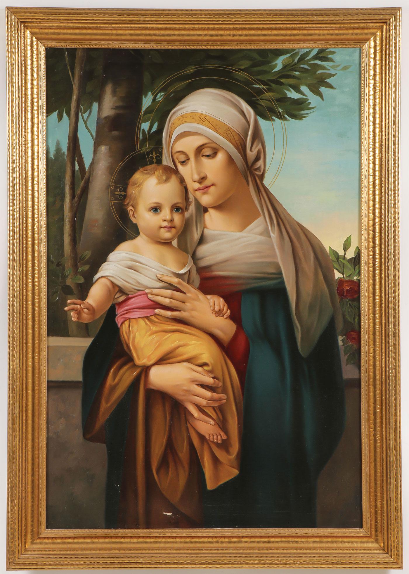 LARGE VINTAGE MADONNA & CHILD PAINTING (1 of 2)