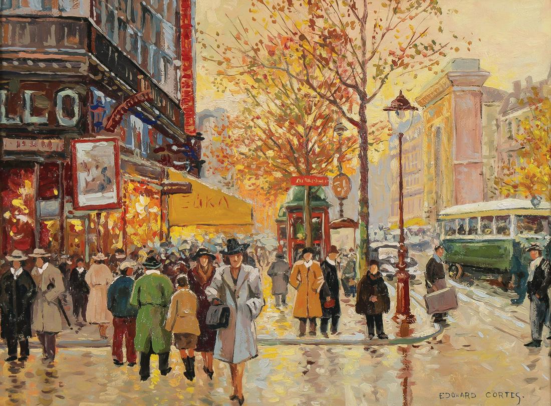SIGNED OIL ON CANVAS PARISIAN STREET SCENE: Follower of EDOUARD CORTES (French 1882-1969)Parisian Street Scene Oil on canvasBears signature lower right12.25 inches x 16 inches (56.5 x 40.6 cm)SHIPPING NOTICE:J