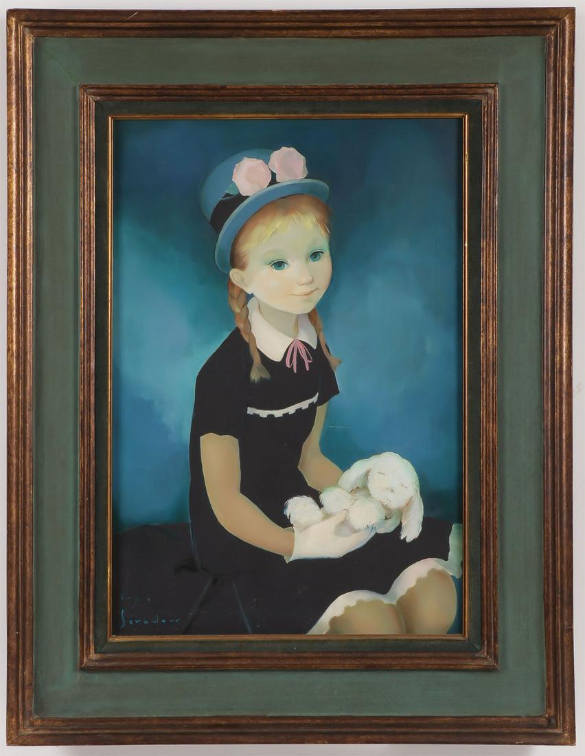 CHARMING MIDCENTURY FRENCH PORTRAIT: GUY SERADOUR (French 1922-2007) Portrait of a Young Girl Oil on canvas Signed lower left 21.8 inches x 15.2 inches (55.5 x 38 cm) SHIPPING NOTICE: Jackson's is your sole