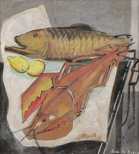 MID-CENTURY STILL LIFE PAINTING, BOTTON: JEAN ISY DE BOTTON (French 1898-1978) Still Life with Seafood Gouache and ink on paper Signed lower right 12 inches x 11.25 inches (30.5 x 28.5 cm) SHIPPING NOTICE: Jackson's is your sole and only