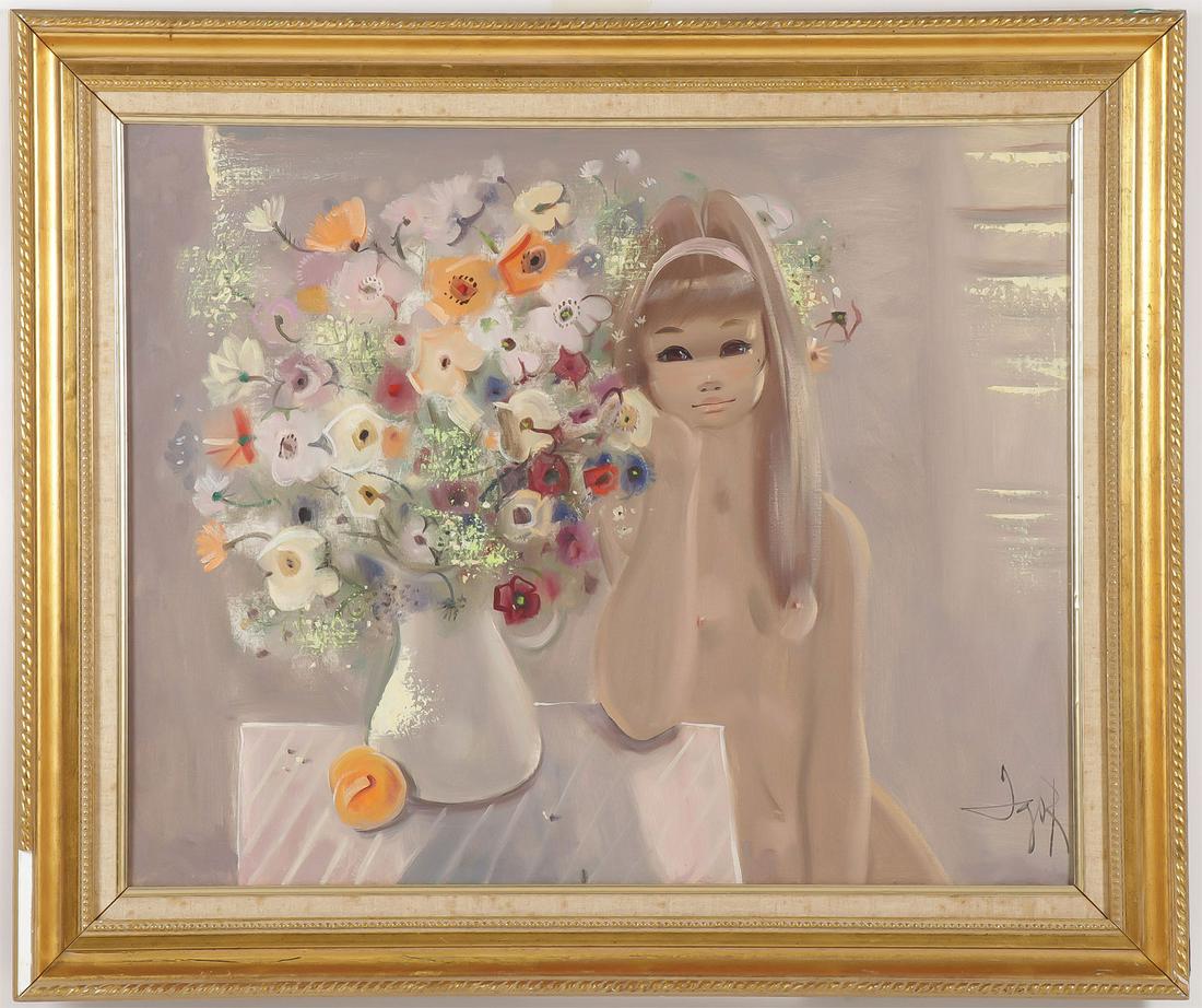 PANTUHOFF NUDE GIRL W FLOWERS OIL ON CANVAS: IGOR PANTUHOFF (Russian 1911-1972)Portrait of a Nude with Flower Bouquet Oil on canvasSigned lower right24 inches x 30.25 inches (60.5 x 76.5 cm)SHIPPING NOTICE:Jac
