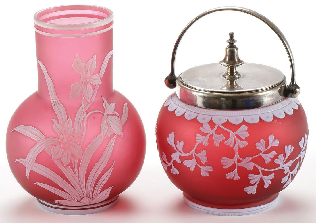 ENGLISH CAMEO GLASS LOT: ENGLISH CAMEO GLASS LOT. Comprising a very fine signed Thomas Webb & Sons bulbous form vase, white cut back to red and another likely Webb mustard pot, unsigned. Greatest height 5 inches (13 cm).SHIPP