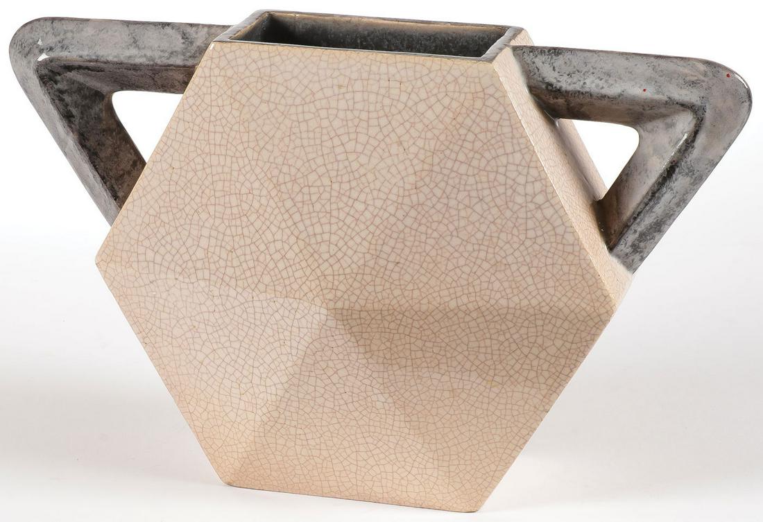 MARCEL GUILIARD FRENCH VASE: MARCEL GUILIARD FRENCH VASE. The hexagonal form with triangular handles on shoulders with impressed marks on underside Marcel Guiliard and Jose Martin. Height 6.8 inches (16.5 cm). SHIPPING NOTICE: Ja