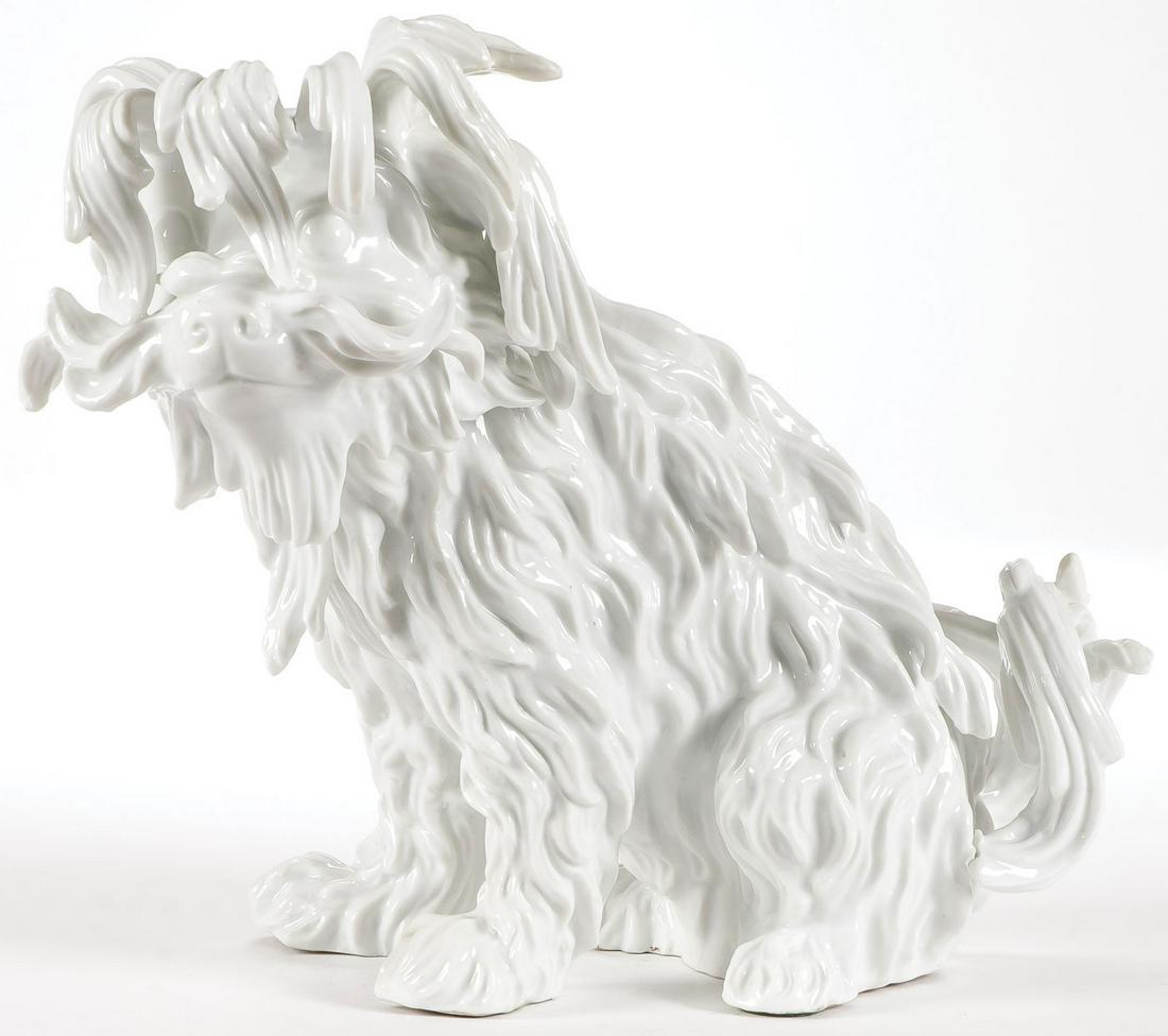 A MEISSEN BOLOGNESE PORCELAIN SPANIEL: A MEISSEN BOLOGNESE PORCELAIN SPANIEL. Finely modeled in full round and with blue underglaze mark beneath tail. Perhaps a few old restorations. Height 8.8 inches (22 cm). SHIPPING NOTICE: Jackson's is