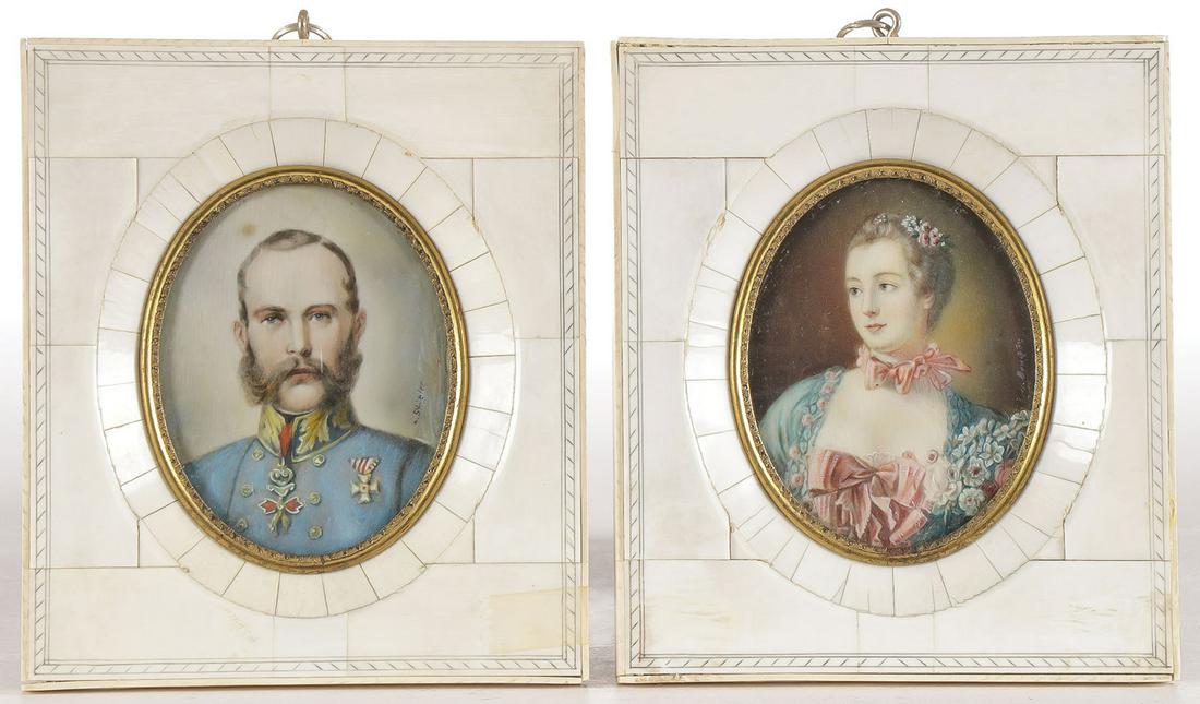 MINIATURE PORTRAITS: MINIATURE PORTRAITS. Comprising an oval portrait of Franz Joseph of Austria signed Stieler and a portrait of Madame Pompadour, indistinguishably signed, contained in matching frames, each measuring 5.