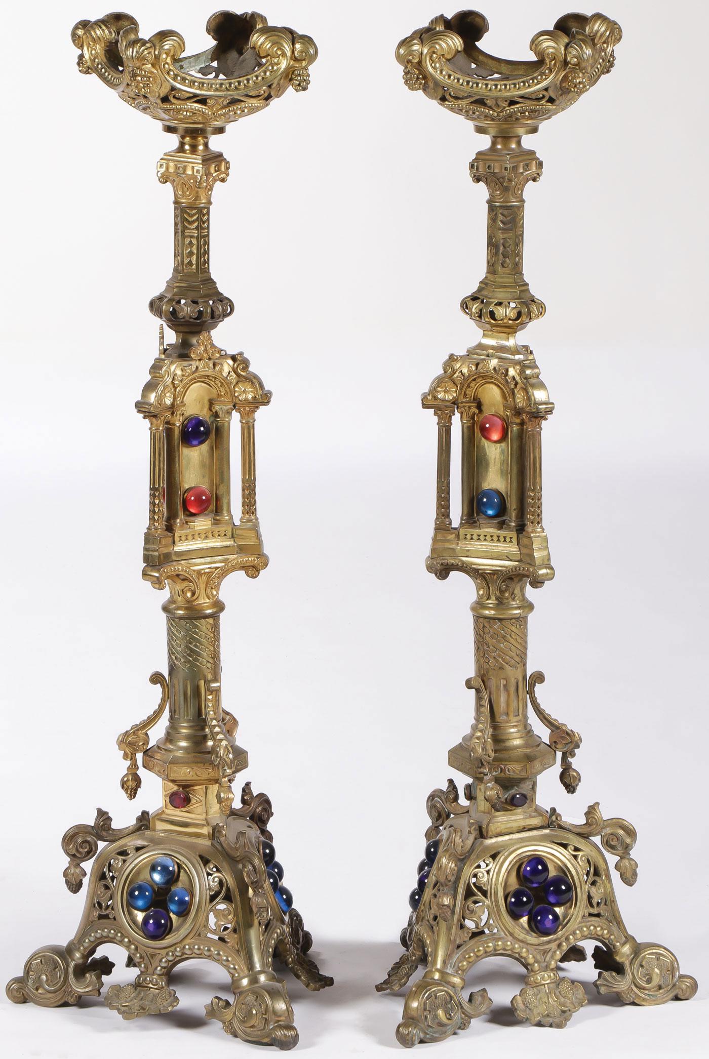 FRENCH GOTHIC BRONZE CANDLE STANDS 19TH C (1 of 1)