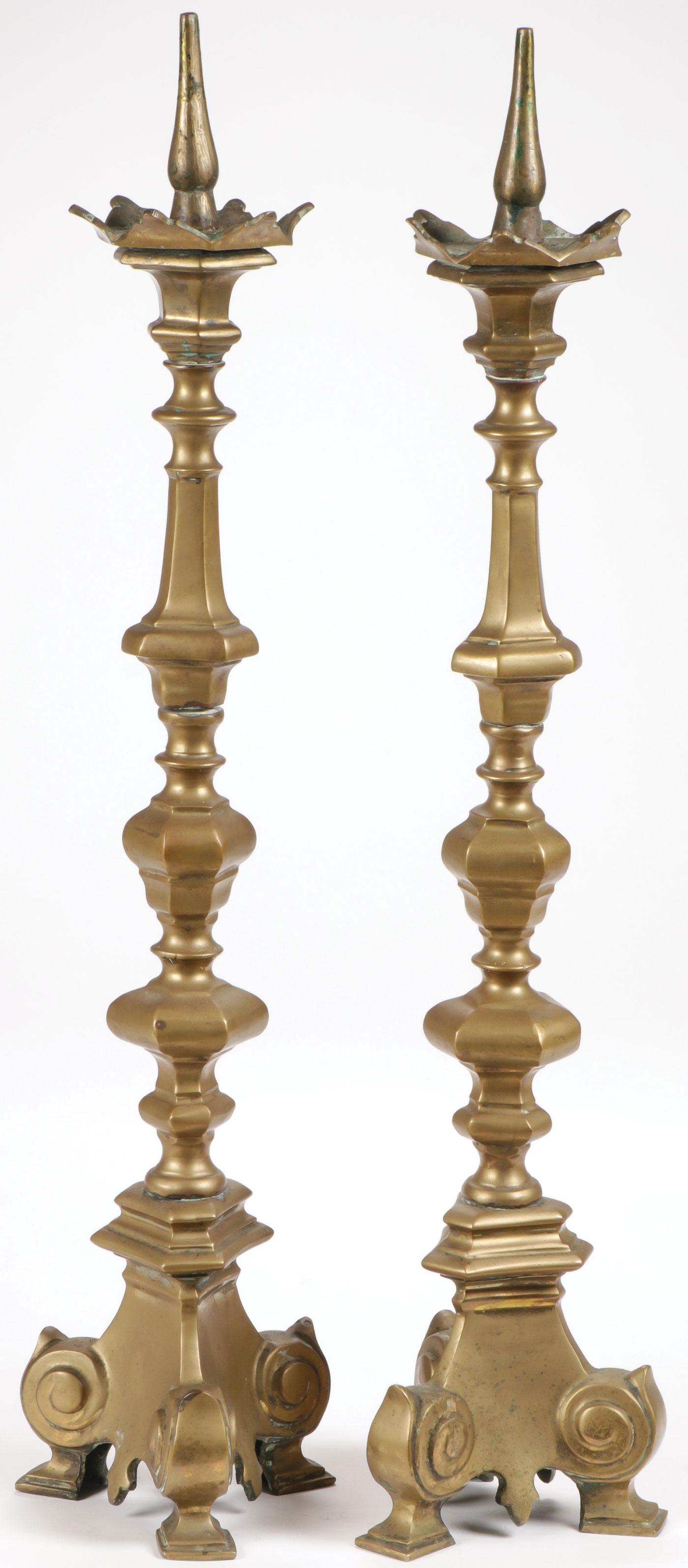PAIR OF BRASS CANDLE PRICKETS, 18TH C (1 of 1)