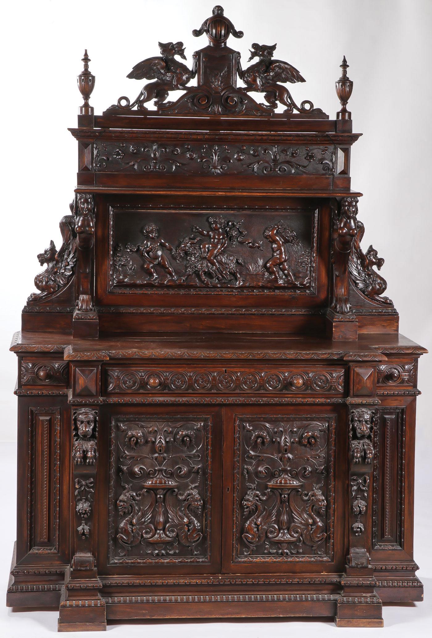 IMPRESSIVE CARVED OAK SIDEBOARD 19TH C (1 of 1)