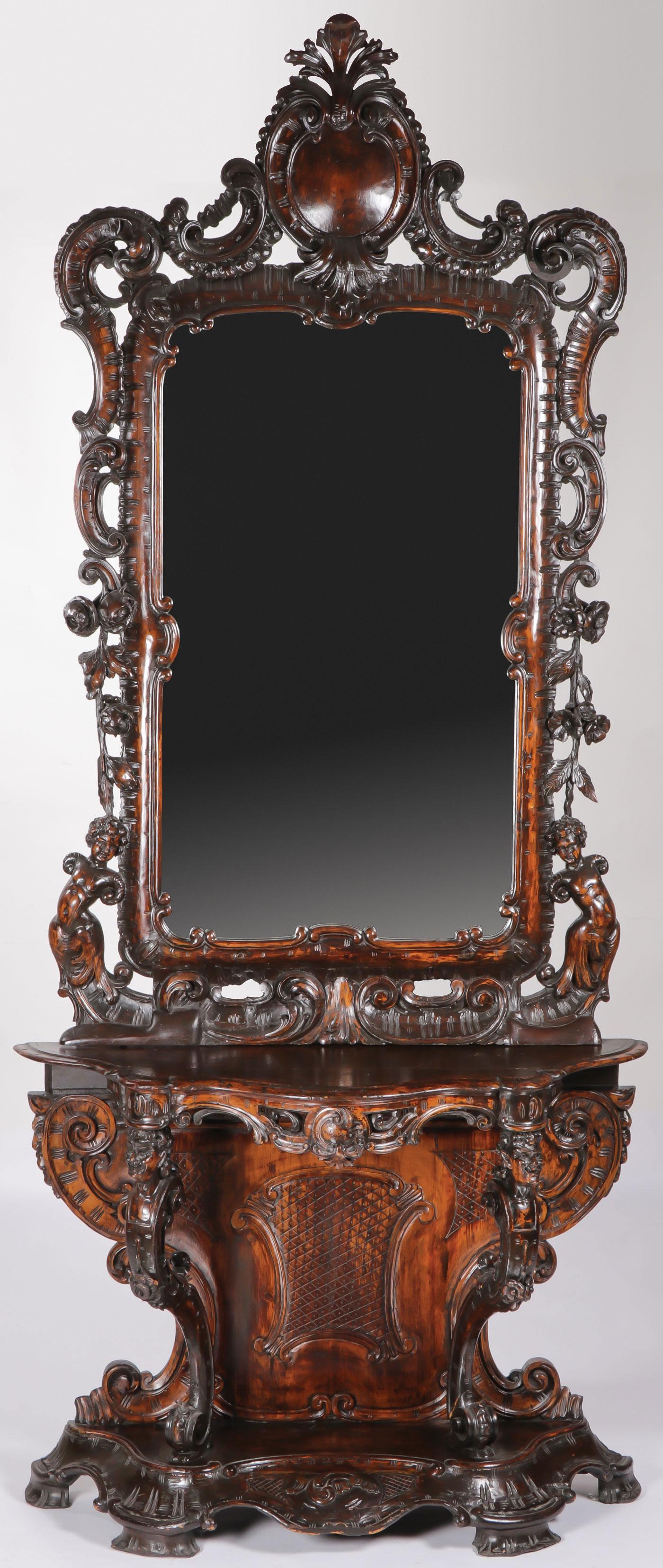 SPECTACULAR CARVED WOOD HALL MIRROR 19TH C (1 of 10)
