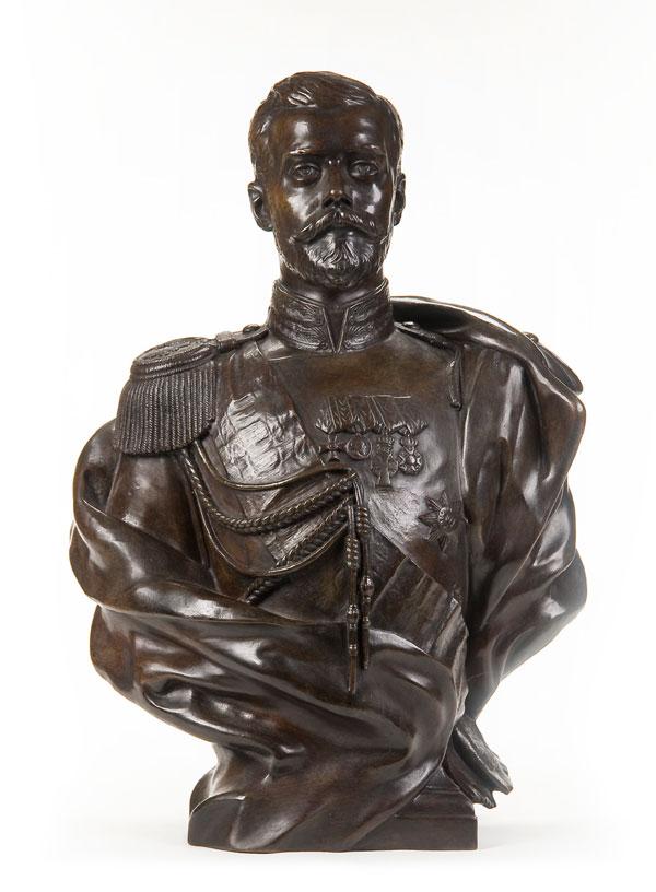 RUSSIAN BRONZE SCULPTURE after Bernstamm: After LEOPOLD BERNHARD BERNSTAMM (Russian 1859-1910) Bust of Czar Nicholas II, after the Severs model Bronze with dark brown patina Inscribed on base 'L. Bernstamm' and also 'Severs' Height 18.8 inche
