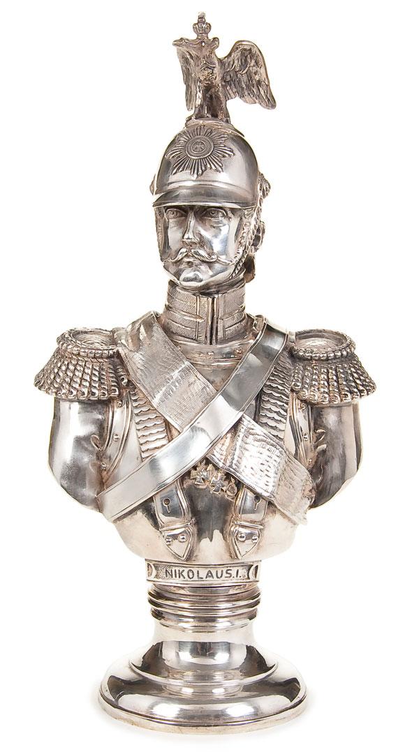 RUSSIAN SILVERED SCULPTURE: A SILVERED BUST OF TSAR NICHOLAS I, after Friedrich Dietrich (1817-1885). Portrayed in the uniform of the Chevalier Guard, modeled in full round, at the base a cartouche incised NIKOLAUS I, and signed
