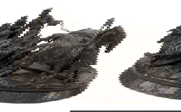 RUSSIAN BRONZE SCULPTURE, GRACHEV: VASILI GRACHEV (Russian 1831-1905) A Winter Troika Grouping Bronze with dark brown patina Signed in Cyrillic and with Woerfeel foundry mark Length 9.6 inches (23.8 cm).