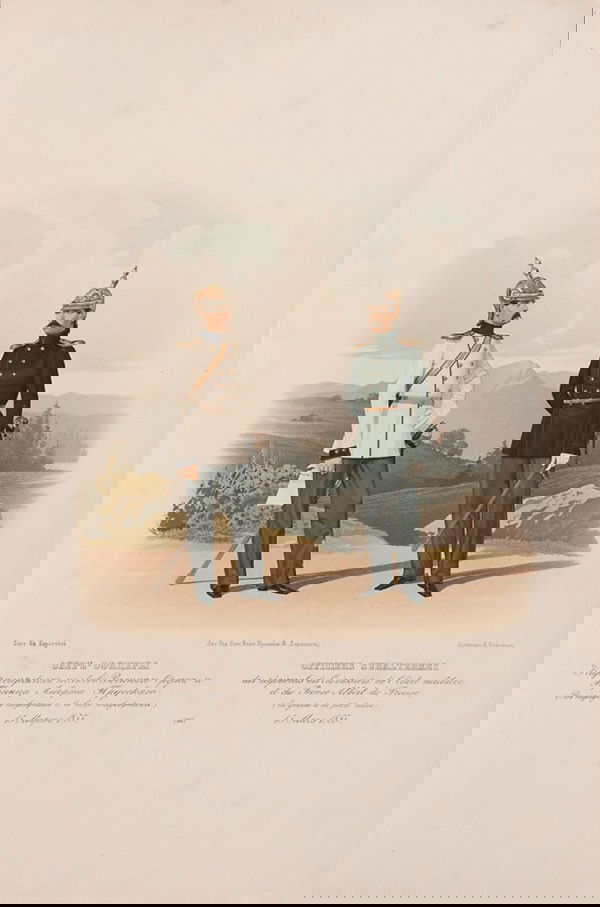 5 IMPERIAL RUSSIAN CHROMOLITHOGRAPHS: A GROUP OF FIVE IMPERIAL RUSSIAN MILITARY CHROMOLITHOGRAPHS, St. Petersburg, circa 1855-1878. From Uniforms of the Russian Imperial Army. Including images after works by Konstantin A. Piratskii (3), I