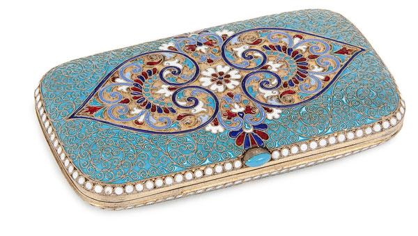 RUSSIAN ENAMEL CIGARETTE CASE, KLINGERT: RUSSIAN SILVER-GILT & CLOISONNE ENAMEL CIGARETTE CASE, Gustav Klingert. Overall enameled in turquoise and opposing heart forms with scrolling foliage, strap work, florals and with beaded edging. The g