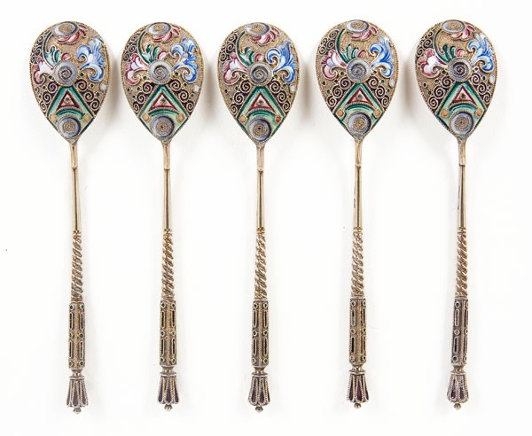 5 RUSSIAN SILVER GILT & ENAMEL SPOONS, 11TH ARTEL: A SET OF FIVE RUSSIAN SILVER-GILT AND SHADED ENAMEL SPOONS, 11th Artel. The verso of bowls in shaded enamel florals on a stippled gilt ground with twist handles and enameled finials. Each spoon hallma