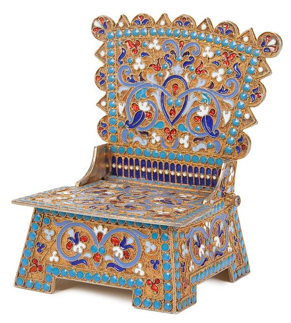 RUSSIAN SILVER GILT & ENAMEL SALT CHAIR, KLINGERT: A RUSSIAN SILVER-GILT & CLOISONNE ENAMELED SALT CHAIR, Gustav Klingert. Overall enameled in scrolling foliage on a stippled gilt ground with blue beaded enamel borders. The hinged seat opening to reve