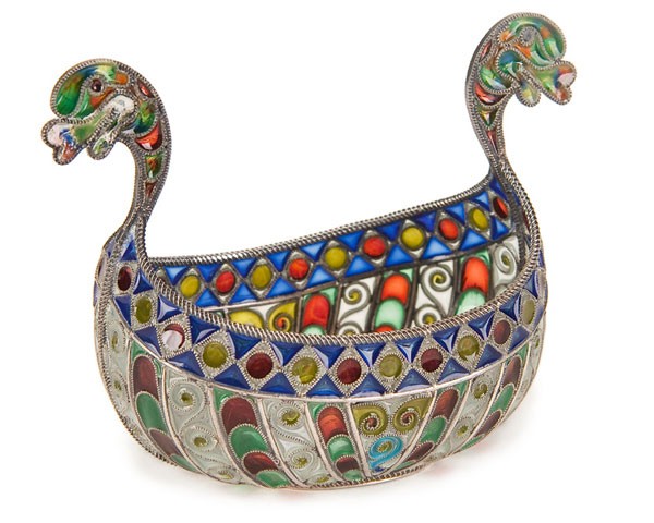 NORWEGIAN SILVER & ENAMEL BOWL: A SILVER AND PLIQUE-A-JOUR ENAMELED BOWL, NORWEGIAN CIRCA 1900-1920. Marked sterling 925 and M. Hammer (Marius Hammer, Bergen Norway). Height 2.25 inches (6 cm), length 3.25 inches (8.2 cm).